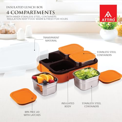 Image of ATTRO Admire-4 Insulated Lunch Box | 4 Removable Stainless Steel Containers with Lids | BPA-Free, Food Grade, Leak-Proof| Ideal for School, Office & Outdoor Use| 800ml, Tangy Orange