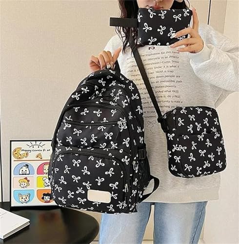 Bow Backpack 3pcs Set for Girls,Cute Kawaii Backpacks Set Large Capacity,Aesthetic Daypack Bow Rucksack (Black)2