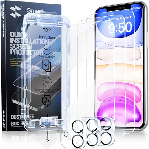 SMARTDEVIL 3-Pack Screen Protector for iPhone 11 with 3-Pack Camera Lens Protector, Clear 9H Tempered Glass Film, Super Fast Installation (Dust-Free & Bubble-Free), Alignment Tool