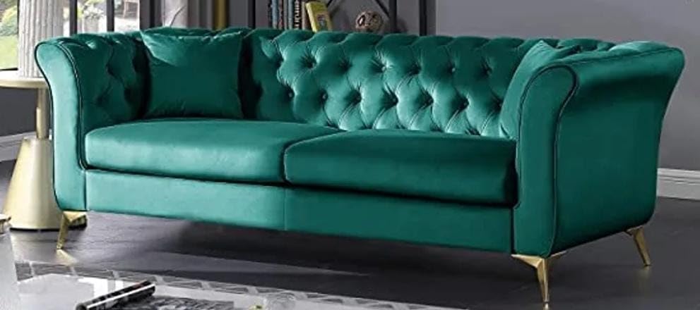 Image of Royale Curved Arm Tufted Three Seater Elegant Wooden Base Sofa in Wide Extravagant Fabric, Gives Luxurious Look for Home /Living Room /Office /Guest Room /Hotels