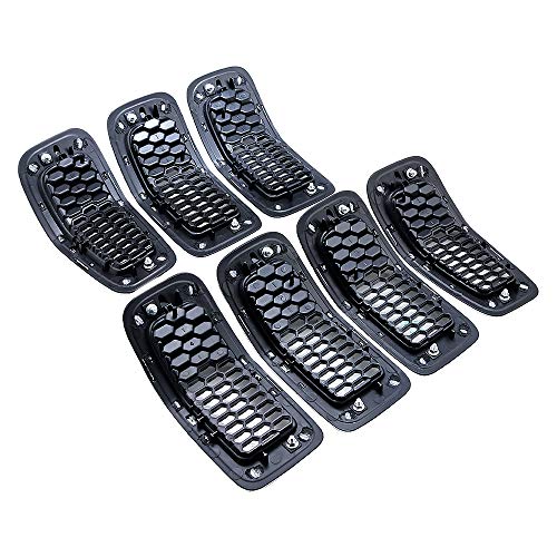 Image of Full Set Black Honeycomb Mesh Grille Insert + Chrome Cover Trim Ring Compatible with 2014-2018 Jeep Cherokee