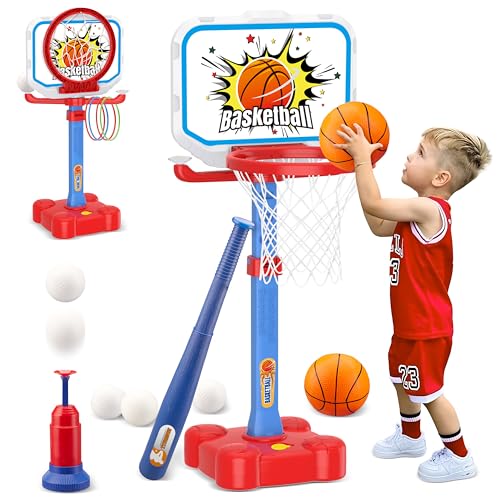 4 in 1 Toddler Basketball Hoop and T Ball Set, Ring Toss Game Kid...