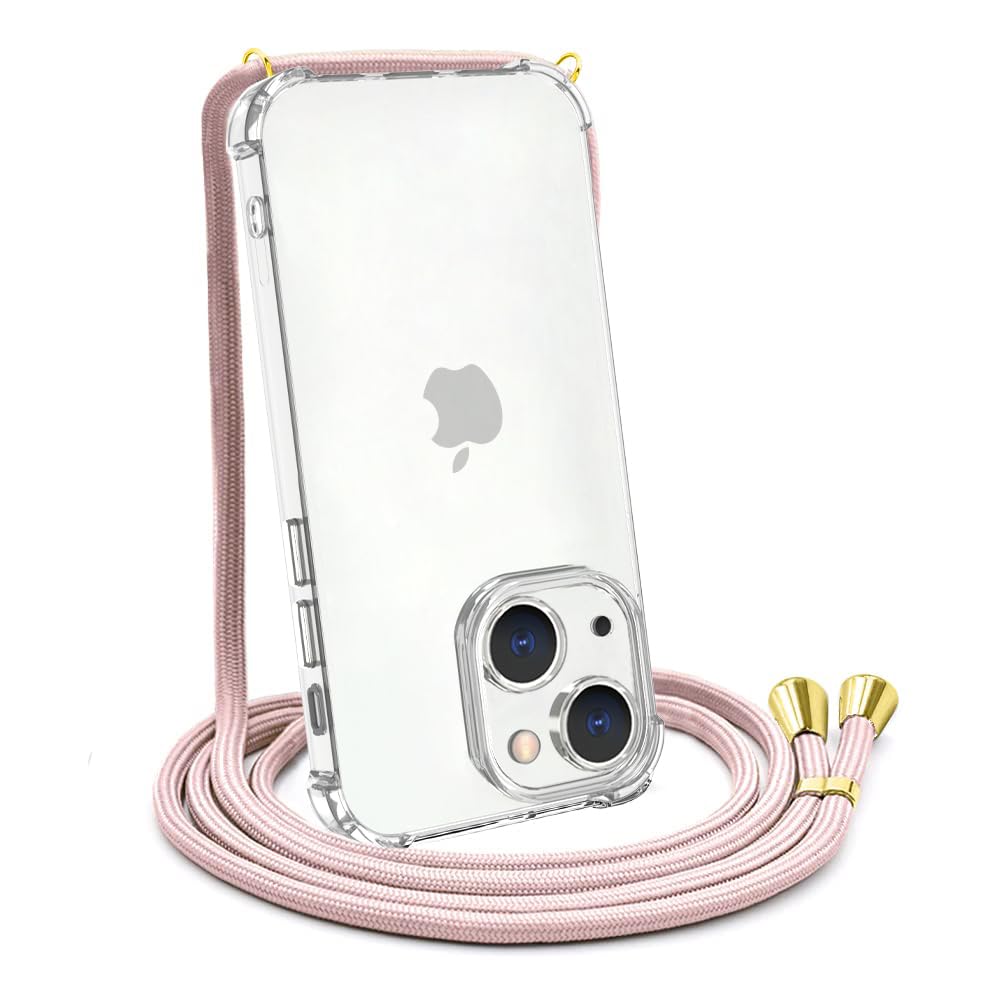 CAROKICrossbody Case for iPhone 15 Plus,Necklace Mobile Phone Cover with Cord Strap Clear Transparent TPU Soft iPhone 15 Plus Cover Holder with Neck Cord Lanyard Strap-Rose Gold
