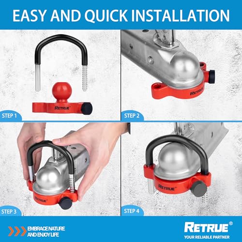 Image of RETRUE Universal Trailer Ball Lock Hitch Coupler Locks Fits 1-7 /8 Inch, 2 Inch, 2-5 /16 Inch Couplers Adjustable Security with Weatherproof Cover and Cap, Red