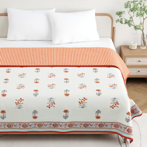 Image of BLOCKS OF INDIA 100% Cotton Dohar King Size Reversible Hand Block Printed Malmal Summer Dohar /Blanket (Grey Orange Flower)
