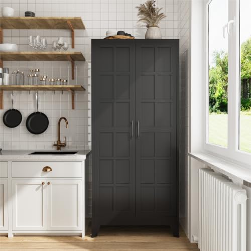 Image of COFaR 71 inch Black Metal Storage Cabinet with Doors for Office and Garage | 5-tier kitchen pantry cabinet with square-panel doors and 4 adjustable shelves for laundry room, office or garage storage.