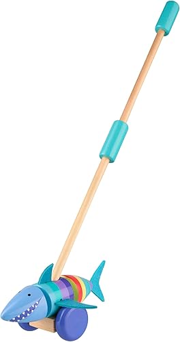 Orange Tree Toys Push Along Shark - Juguete de madera, colorido personaje con ruedas con asa, empujar y tirar, fomenta los primeros pasos, niños