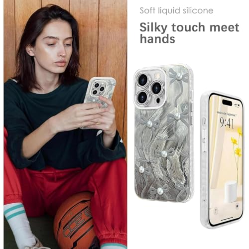 Image of VONZEE Compatible with iPhone 16 Pro 6.3'' Case Luxury Pink Girly Cute 3D Bow Pearl Glitter Bling Case with Full Camera Protection Shockproof PC+TPU Glossy Shiny Cover for Girls Women, Grey