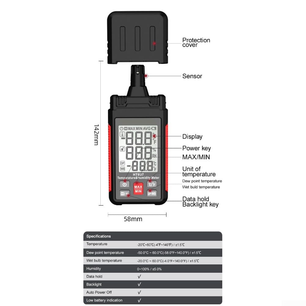 Termohigrómetro digital HT607, higrómetro profesional para temperatura, humedad, punto de rocío, bulbo húmedo, sensor alto con retroiluminación, retención de datos, apagado automático