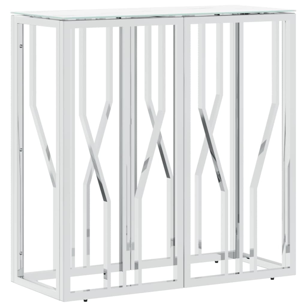 Srebrny stół do konsoli 70 x 30 x 70 cm ze stali nierdzewnej, wąski stolik boczny ze szkła hartowanego, nowoczesny design do salonu przedpokój