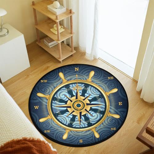 keepcute Blue Compass Rose Non-Slip Doormat Gold Nautical Theme Non-Slip Floor Mat Round Area Rug Carpet for Bedroom Living Room Study Playing Carpet,3' Diameter - Image 6