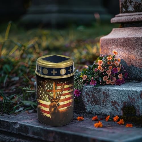 Image of Poceacles Deer American Flag Vintage Pattern Solar Lights Outdoor Solar Powered Outdoor Cemetery Stake Candle Grave Lamp Landscape Lighting Waterproof Grave Flameless Candle, Pack of 4