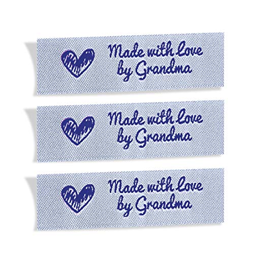 Wunderlabel Made with Love by Grandma Grandmother Woven Ribbon Clothing Clothes Garment Fashion Embroidered Heart Symbol Iron On Fabric Craft Rectangle Tags, Blue on White, 25 Labels