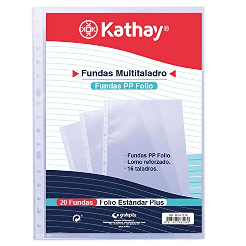 Kathay 86557200. Bolsa de 20 Fundas Transparentes, 16 Taladros, Tamaño Folio, Polipropileno Estándar Liso