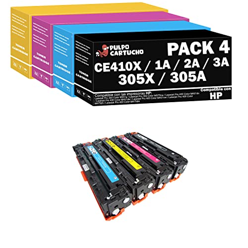 Pulpo Cartucho - Pack 4 Toner CE410X / CE411A / CE412A / CE413A Pack 4 Compatible con HP CE410X / CE411A / CE412A / CE413A / Ref. 305X / 305A -Valido para Laserjet Pro 300 Color M351, M375, M451, M475