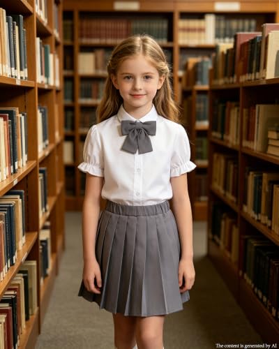 Image of Betusline Girls Skirt Set JK School Uniform 2-Piece Outfit - Short Sleeve Shirt with Bow & Pleated Skirt 4T-14Y