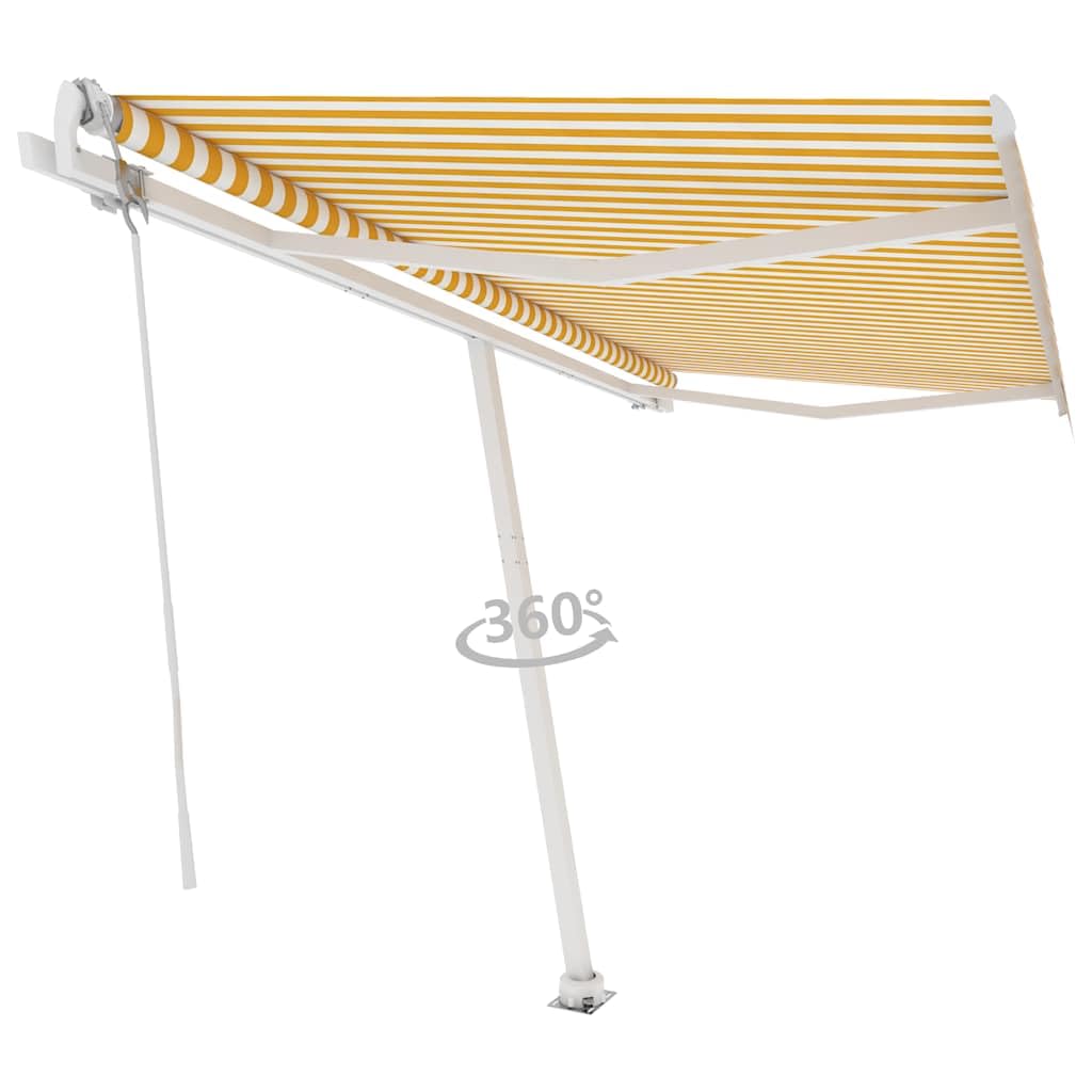 Automatyczna, zwijana markiza tarasowa 400 x 300 cm, żółta/biała: pilot zdalnego sterowania i korba, odporna na promieniowanie UV tkanina poliestrowa, wytrzymała aluminiowa rama, podstawa obracana o