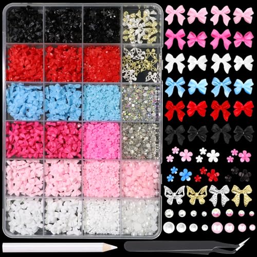 Image of BELICEY 3D Nail Charms Set, Colorful Bow Flower Nail Art Charms, Half Round White Pink Pearls + Flatback Gems Rhinestones, Alloy Bowknot Butterfly Charms for Nail Art DIY Crafts Supplies Accessories