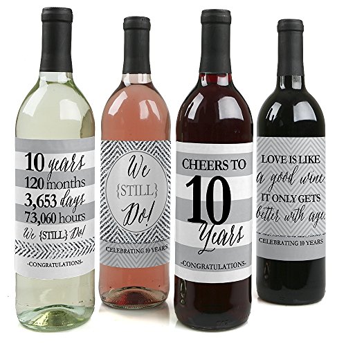 We Still Do - 10th Wedding Anniversary Decorations for Women and Men - Wine Bottle Label Stickers - Set of 4