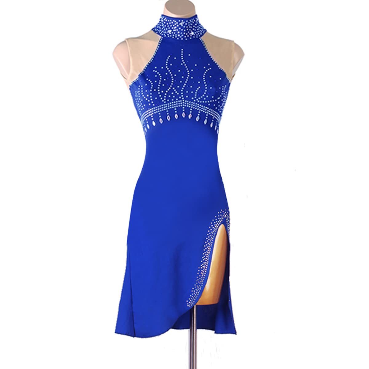 Donne Collo Alto Latino Abiti Da Ballo Salsa Salsa Samba Cha Cha Rumba Blu Professionale Latino Competizione Abito gonna fessura Abbigliamento Performance Partito Clubwear