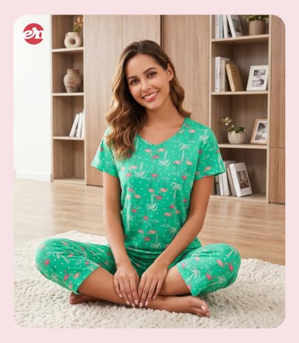 Image of ENJOYNIGHT Womens Pajama Sets Cotton Pj Set Short Sleeve Top With Capri Pants Sleepwear 2 Piece Lounge Set
