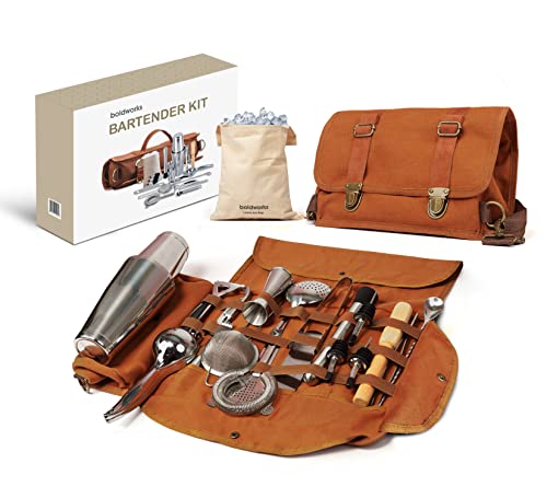 Travel Bartender Kit Bag Travel Cocktail Kit with Professional Bar Tools and Roll Up Traveling Bag for Bartending Portable Meets FDA Norms