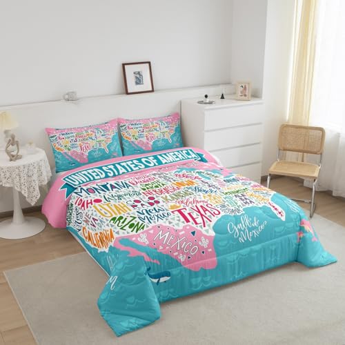 Image of Feelyou Blue Pink USA Map Bedding Set Queen, Geography Comforter Set for Kids Boys Girls Teens Educational Map Comforter Learning Educational Duvet Set 3Pcs