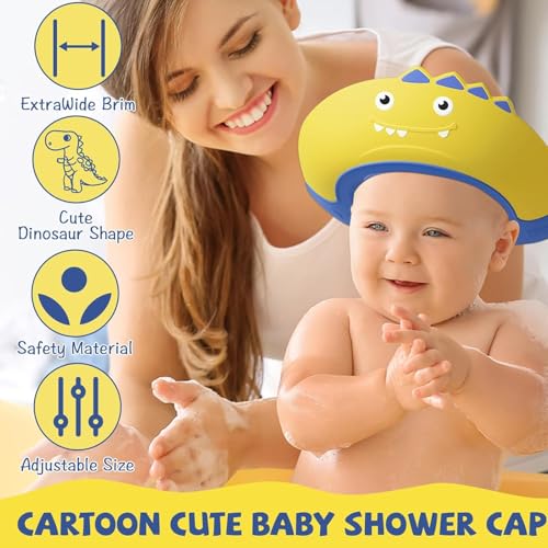 Image of Baby Shower Cap Shield, Shower Cap for Kids, Visor Hat for Eye and Ear Protection for 0-9 Years Old Children,Cute Dinosaur shape Makes the Baby Bath More Fun (F)