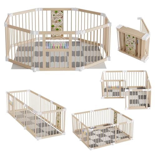 ACXIN Parque plegable con puerta, 8 elementos, parque infantil de madera, para salón, guardería, parque estable para bebé, como barrera para bebés, parque flexible (con alfombra)