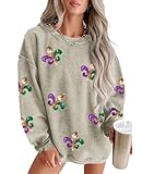 SELINK Womens Crewneck Oversized Corduroy Corded Sweatshirt Long Sleeve Casual Pullover Tops Green Mardi Gras-L