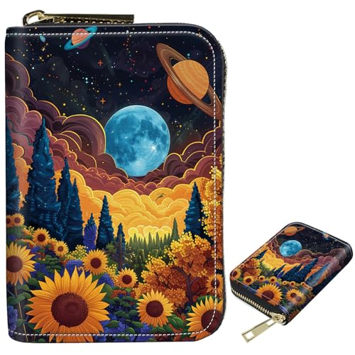 Image of Cute Credit Card Holder with Zipper, Starry Sunflowers Cosmic Planet RFID-Blocking Card Case Small Wallet for Women Men, Multi-slot Card Organizer Case Travel Accordion Wallet