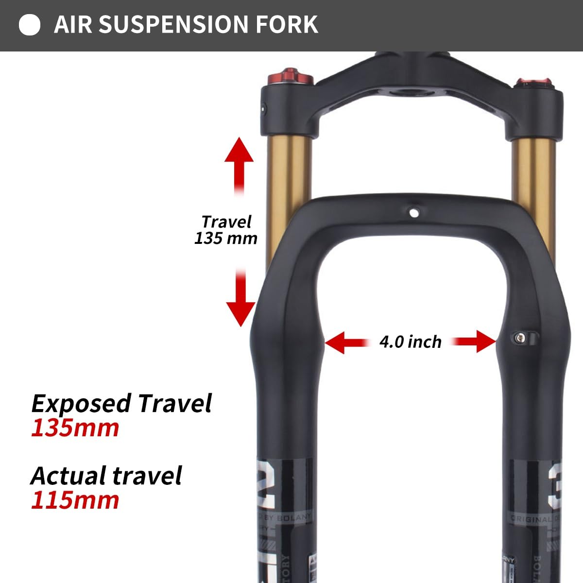 Forcella Anteriore con Sospensione pneumatica, Pneumatici da 4 Pollici, Escursione di 135 mm, Freni a Disco, Attacco QR 9* per Bici elettrica da Spiaggia/Neve