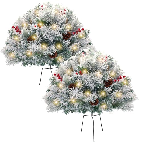 2Pack Prelit Christmas Tree Urn Filler Lighted Xmas Pine Trees with 50 LED Lights and Pine Cones & Red Berrys Christmas Decor for Porch Pathway Garden Yard