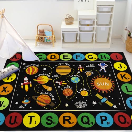 Capslpad M03BK06 Black Outer Space Kids Play Rug Abc Alphabet Kids Play Mat For Toddlers Non Slip Solar System Star Planets Nursery Rug cover