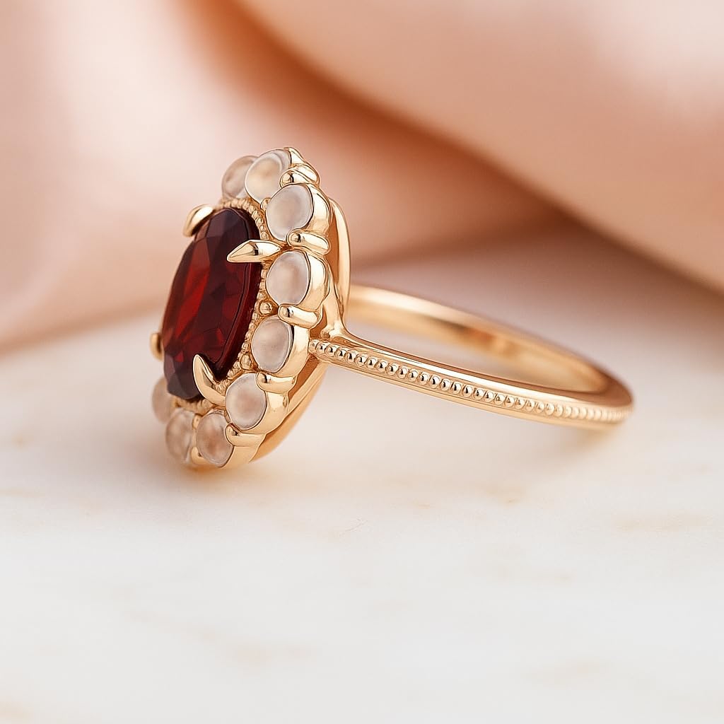 Vintage Red Garnet Oval Engagement Ring for Women – 925 Sterling Silver Rose Gold Plated Halo Ring with Moonstone Accents, January Birthstone Ring, Dainty Promise & Wedding Jewelry Gift