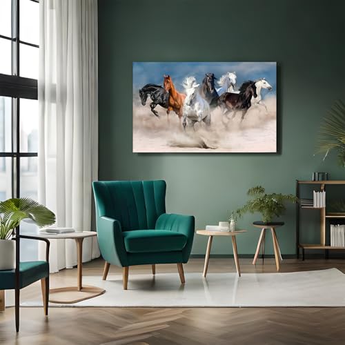 Image of Rangoli Seven Running Horses Wall Painting | Vastu-Inspired Canvas Art for Positive Energy | Framed 3D Artwork for Living Room, Office & Home Decor | Elegant Wall Decor Painting (12 x 18 Inch) (white)