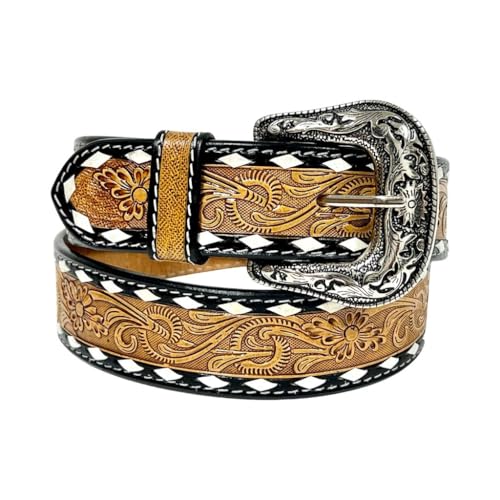 Unisex Western Genuine Leather Tooled Belt with Buckstitch 30IS0012