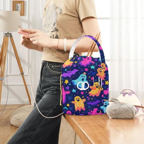 Image of ElliTarr Crochet Bag Yarn Bag with Handle Portable Knitting Project Bag Travel Yarn Storage Organizer Holder Case Neon Halloween Ghosts Stars Bats
