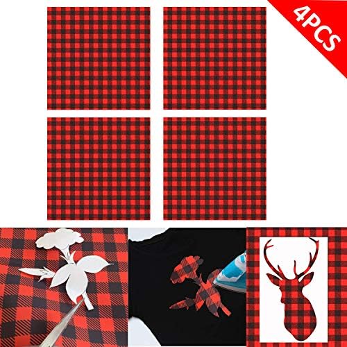 EBaokuup 4 Sheet Buffalo Plaid Heat Transfer Vinyl -12" x 12" Fabric Iron-on Buffalo Plaid Cloth Sheet, Self Adhesive Craft Printed Sheets Cloth for Shirt and DIY Craft