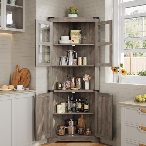 GAOMON Farmhouse Corner Cabinet with Lights, Tall Corner Storage Cabinet with Glass Door & Adjustable Shelves, for Living Room, Kitchen, Bathroom, Washed Grey