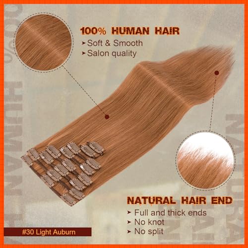 Image of Benehair Clip in Real Human Hair Extensions Auburn Long Straight Remy Natural Remy Hair Extensions Full Head 8pcs for Women 12inch #30 Light Auburn