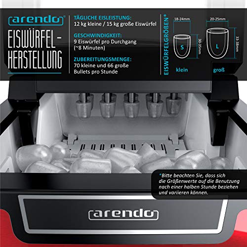 Arendo - Eiswürfelmaschine Edelstahl - Eiswürfelbereiter - Ice Cube Maker Maschine - 1,8 Liter - Eiswürfelautomat - Eismaschine mit Kühlung - Eiswürfel Größen Klein + Groß - ABS - BPA frei - Rot – Bild 4