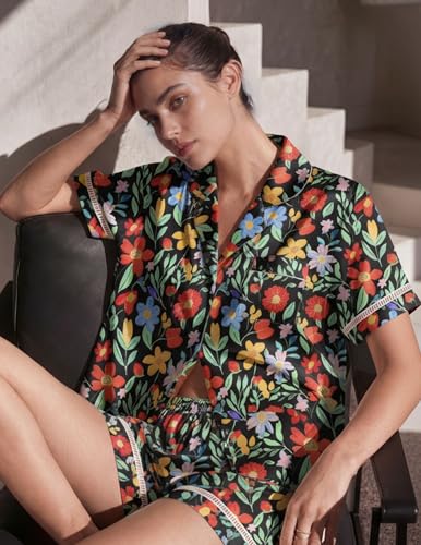 Image of Ekouaer Womens Silk Pajama Sets Button Up Satin Pjs Short Sleeve 2 Piece Pj Sets Cute Lounge Sets with Chest Pocket