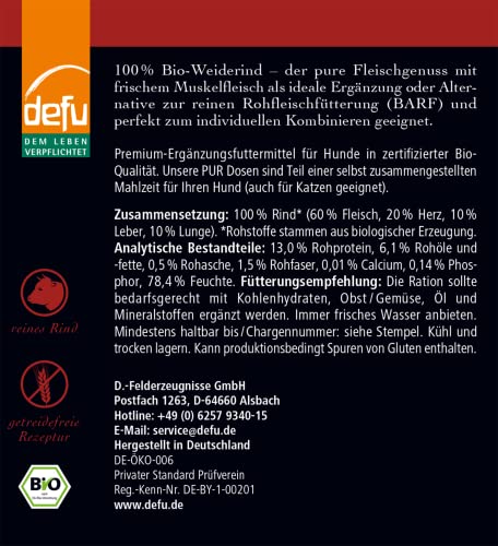 defu Hundefutter | 6 x 800 g | PUR Bio Weiderind | Premium Bio Nassfutter | Ergänzungsfuttermittel für Hunde