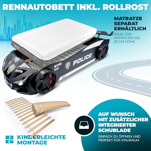MARQA Kinderbett |Bodenbett | Kinderbett 90x200 |Autobett Rennwagenbett |Polizeiautobett inkl.Rollrost (ohne Matratze, Schwarz babybett)