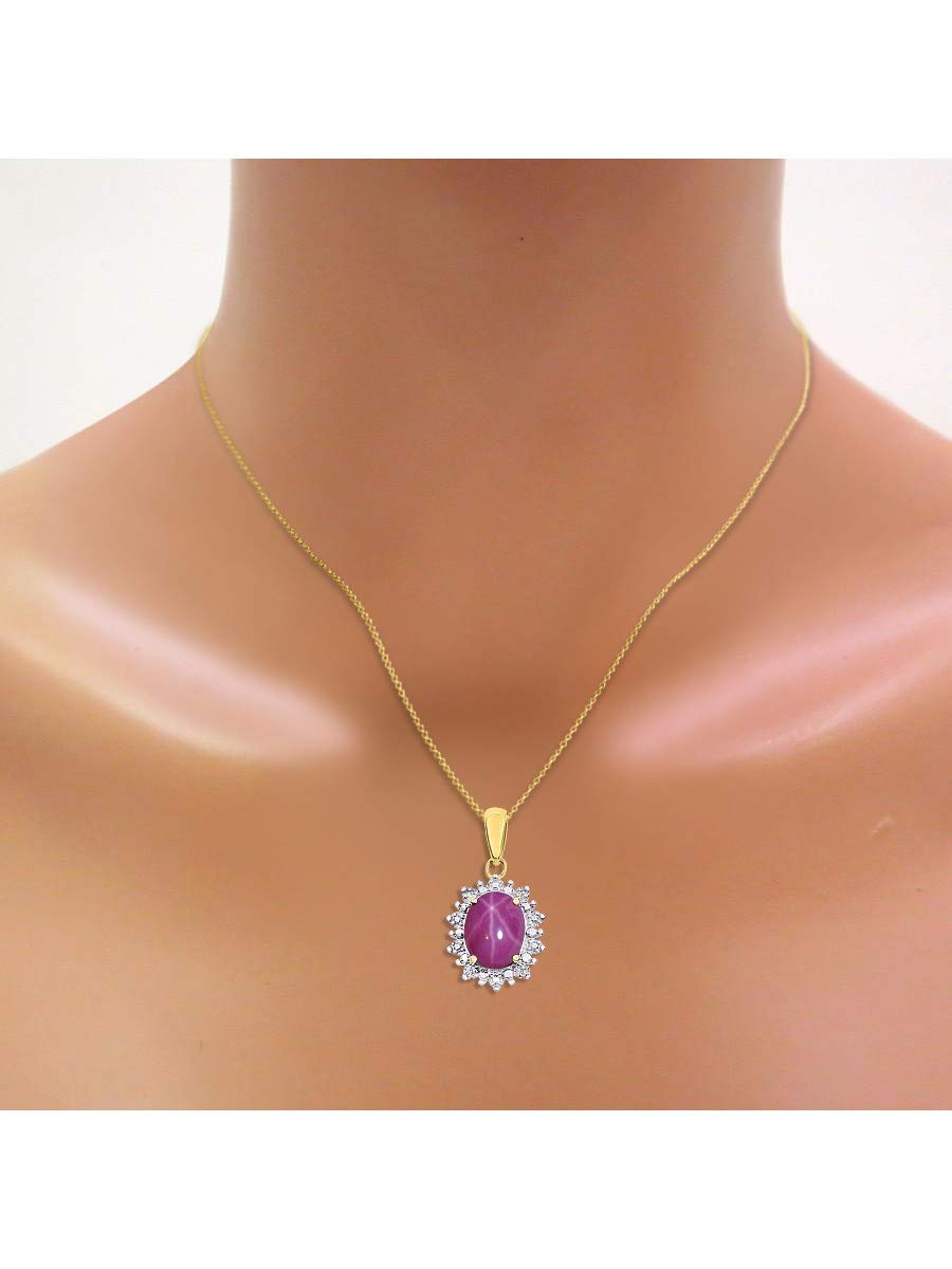 RYLOS - Collana con ciondolo a forma di aureola con pietra preziosa ovale e veri diamanti scintillanti in argento placcato oro giallo 14 K, 925-9 x 7 mm, con catenina da 45,7 cm