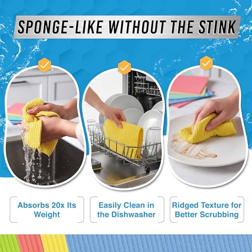 Image of ACTIVE Swedish Dish Cloths for Kitchen 12 Pack Cellulose Sponge Cloth, Washable Dishcloths for Washing Dishes, Original European Dish Towels, Absorbent Reusable Paper Towels - Multicolor Assorted