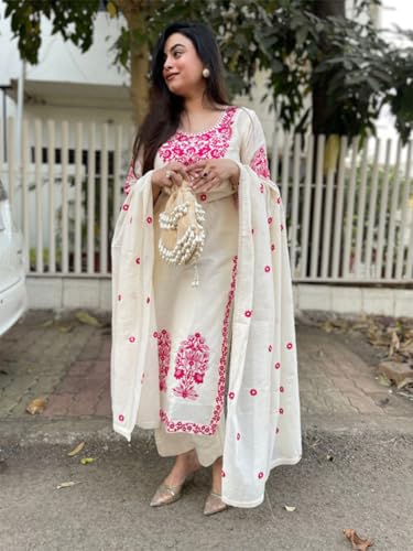 Image of GoSriKi Kurta Sets for Women Viscose Embroidered | Kurta Pant Dupatta Set | Straight Kurti Set for Women | Round Neck 3 /4 Sleeve Ethnic Suit | Designer Indian Kurti Outfit with Pants