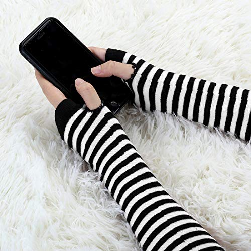 Allegra K Women's Fingerless Gloves Printed Elbow Length Knitted Arm Warmers One Size Black-White #TOP3