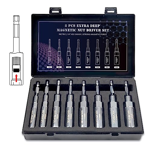 Extra Deep Magnetic Nut Driver Set, 8 PCS Adjustable Deep Nut Driver Set for Impact Drill, Metric, Quick-Change 1/4